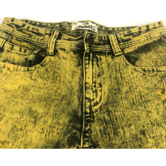 12am Nation Mens Distressed Denim Shorts Size 34 Mustard Yellow Black Acid Wash - Picture 2 of 15